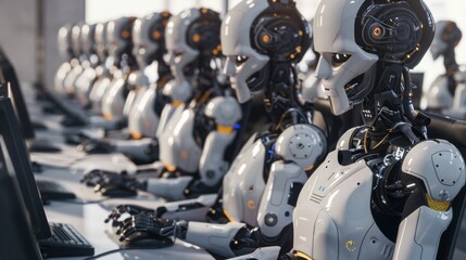 Aufkleber - A row of white and grey robotic figures sit at desks, operating computers with identical, blank faces. They are lined up in a seemingly endless row, highlighting the potential of AI automation