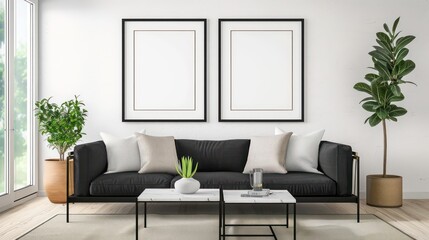 interior of a room with blank canvas, empty canvas with copy space, wall art, modern living room, minimalistic interior