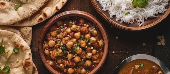 Wall Mural - Indian Cuisine: Chickpea Curry with Rice and Naan