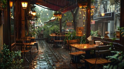 a cozy gloomy day at a cafe wooden interior