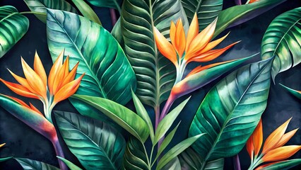 Vibrant green tropical strelitzia flowers and palm leaves swaying in a seamless pattern on a dark background in a stunning 3d vintage illustration with premium texture.