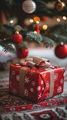 red present under a christmas tree with ornaments