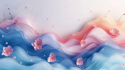 Wall Mural - Pink and blue wavy fabric with paper flowers. Concept of beauty, creativity, and Spring Festival