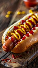 Wall Mural - Close-up of a hot dog with ketchup and mustard on a rustic wooden table. American fast food concept