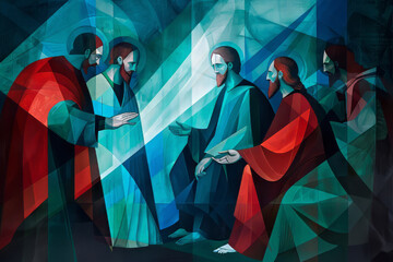 Wall Mural - Resurrected Jesus Christ with Thomas the apostle and other apostles. Generative AI