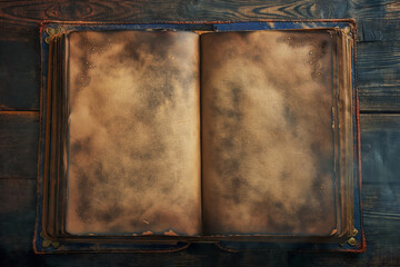 Open Vintage Blank Spell Book on Rustic Wooden Table, Ideal for Halloween Themes