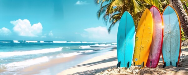 Wall Mural - A group of surfboards are lined up on a beach. Free copy space for text.