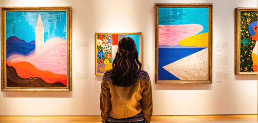 Rear view of a person or visitor looking at pictures at an exhibition in an art museum