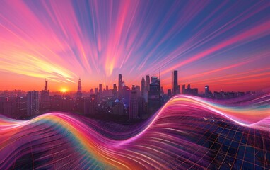 Wall Mural - Cityscape with Digital Waves at Sunset