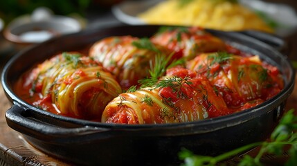 Wall Mural - 03070100 02 A close-up shot of Sarmale (cabbage rolls) nestled in a cast iron pot, bathed in a rich tomato sauce with dill garnish. The background features a white ceramic plate with a side of creamy