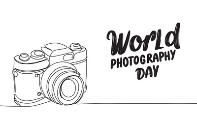 Wall Mural - Retro photo camera one line continuous. World Photography Day. Hand drawn vector art