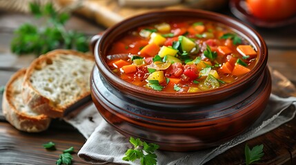 Wall Mural - 03070100 16 A photorealistic image of a clay pot overflowing with Ciorba Radauteana (tomato soup) with a variety of colorful vegetables. A slice of crusty bread rests on the rim, with a white napkin