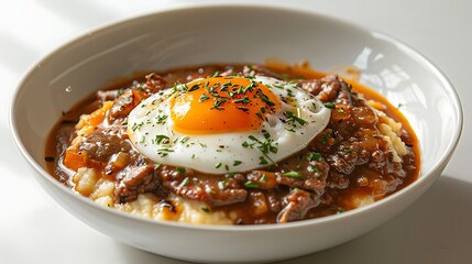 Wall Mural - 03070100 27 A hearty serving of Tochitura moldoveneasca, Moldavian stew, served with polenta and a fried egg on top. The white background makes the rich, hearty colors of the stew stand out. copy