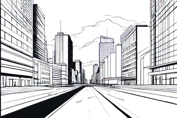 Wall Mural - City sketch. City landscape line art. Urban modern landscape. Hand drawn line sketch. Vector illustration. 