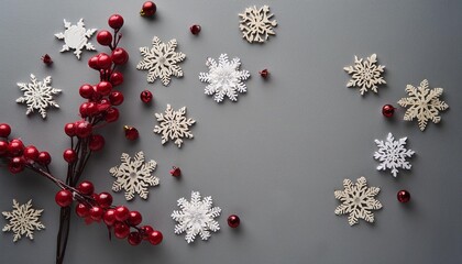 Wall Mural - christmas or winter composition snowflakes and red berries on gray background christmas winter new year concept flat lay top view copy space