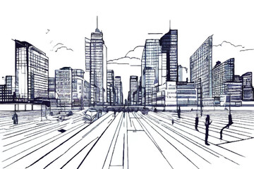 Wall Mural - City sketch. City landscape line art. Urban modern landscape. Hand drawn line sketch. Vector illustration. 