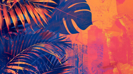 Wall Mural - vibrant tropical palm leaves in abstract orange and blue background