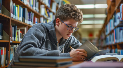 Focused student studying in library with books, learning and education concept