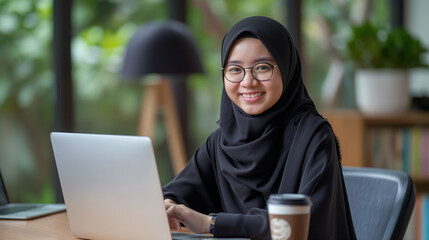 Poster - Young muslim businesswoman wearing hijab working on laptop in cozy office space