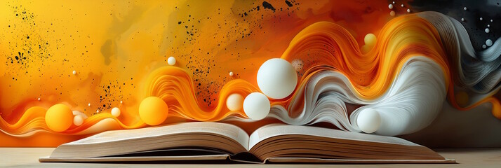 Wall Mural - Open book with dynamic abstract background. Concept of imagination, creativity, and World Book Day