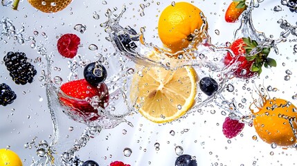 Poster - Vibrant fruits splashing in water. A colorful array of fresh lemons, strawberries, blueberries, blackberries and raspberries caught mid-splash. Perfect for food and drink themes or health concepts. AI