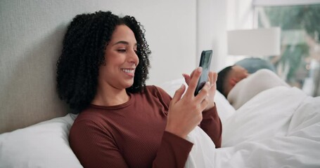 Poster - Morning, relax and woman in bed with mobile for social media, scroll internet or texting in bedroom. Online, smartphone and African person for communication, browsing web or posting meme in home
