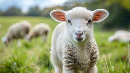 Adorable lamb in green pasture. A close-up of a cute baby lamb standing in a vibrant green field, other sheep graze softly in the background.