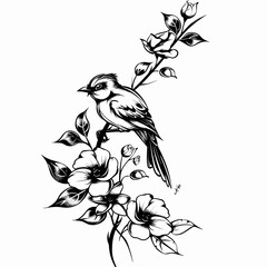 Wall Mural - A black and white drawing of a bird sitting on a branch with flowers in the background. The bird is perched on a branch with a flower in its beak. Concept of serenity and peacefulness