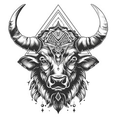 A black and white drawing of a bull with a triangle on its head. The bull has a menacing look on its face