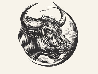 Wall Mural - A black and white drawing of a bull with horns. The bull is looking to the right. The bull is the main focus of the image