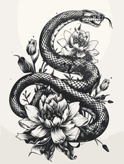 Wall Mural - A snake with flowers on it. The snake is curled up and has its mouth open