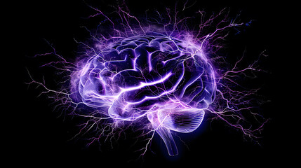 Poster - Digital art of a brain with electric shocks, symbolizing epilepsy, suitable for awareness events and medical themes design