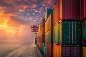 Sunset over a cargo ship stacked with colorful shipping containers, illustrating global trade and maritime logistics.