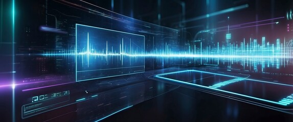 Wall Mural - Futuristic digital interface with glowing blue waveforms and data graphs, perfect for technology, cyber, and digital innovation themes.