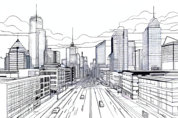 Wall Mural - City sketch. City landscape line art. Urban modern landscape. Hand drawn line sketch. Vector illustration. 