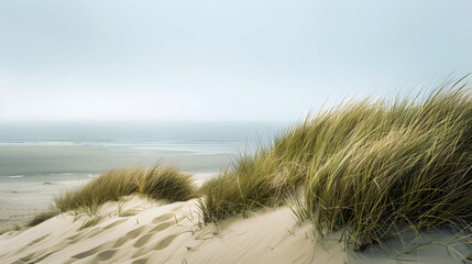 A beach scene with a small hill of grass and a body of water in the background