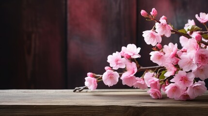 Poster - Cosmetic background. Wooden table and cherry blossoms for product presentation. Spring pink sakura branch with on a stand.