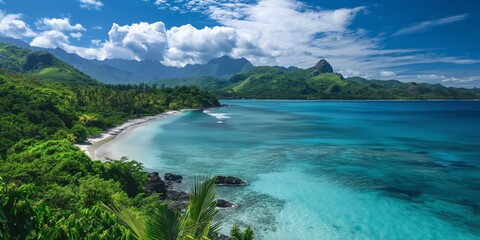 A stunning tropical beach with clear blue waters and lush green mountains.