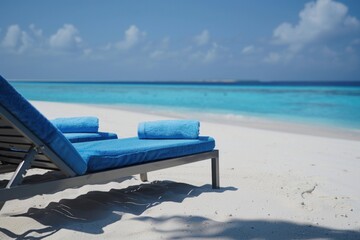 Wall Mural - two beach chairs with blue towels on them, set against the backdrop of white sand and azure sea in Maldives, with clear sky Generative AI