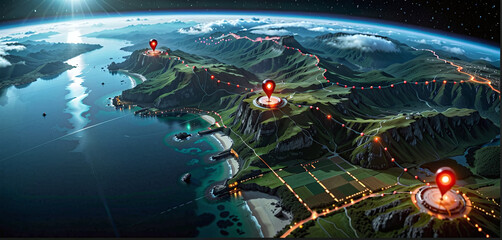 Wall Mural - connected waymarks or highlighted points, show the way to the desired destination on a route on a ma