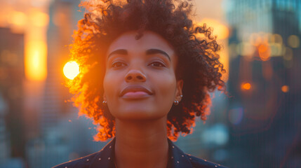 A young woman with curly hair looks up at the setting sun in a city setting