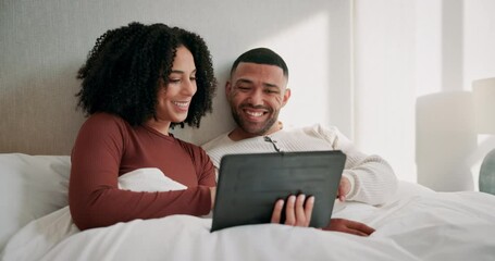 Poster - Happy couple, bedroom and tablet for social media post or streaming, online or subscription service. People, smile or together in house with ebook for meme download, relax with digital technology