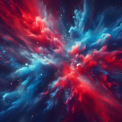 Wall Mural - abstract background, explosion of dust particles red and blue on dark background, created with Generative A.i