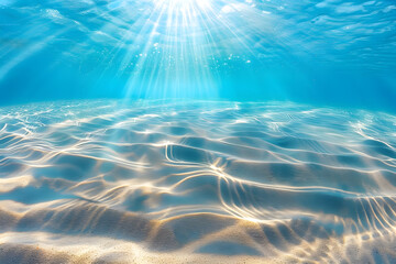 Canvas Print - seabed sand with blue tropical ocean above empty underwater background with the summer sun shining brightly creating ripples in the calm sea water.