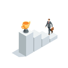 isometric vector business man climb the steps of the chart to the trophy cup standing at the top, in color on a white background, challenge or steps to success