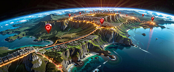 Wall Mural - connected waymarks or highlighted points, show the way to the desired destination on a route on a ma