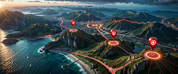 Wall Mural - connected waymarks or highlighted points, show the way to the desired destination on a route on a ma