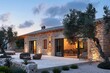 © ZoomTeam - exterior design of an old stone house in mallorca, traditional mediterranean style with modern furniture and lighting, garden terrace