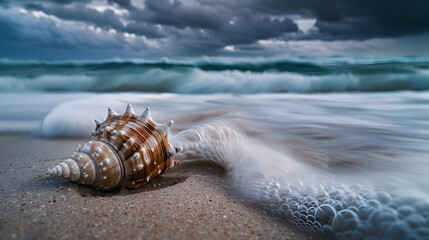 Wall Mural - A shell is sitting on the sand, with the ocean waves in the background
