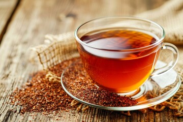 Wall Mural - A delicious cup of rooibos tea on a table made of wood